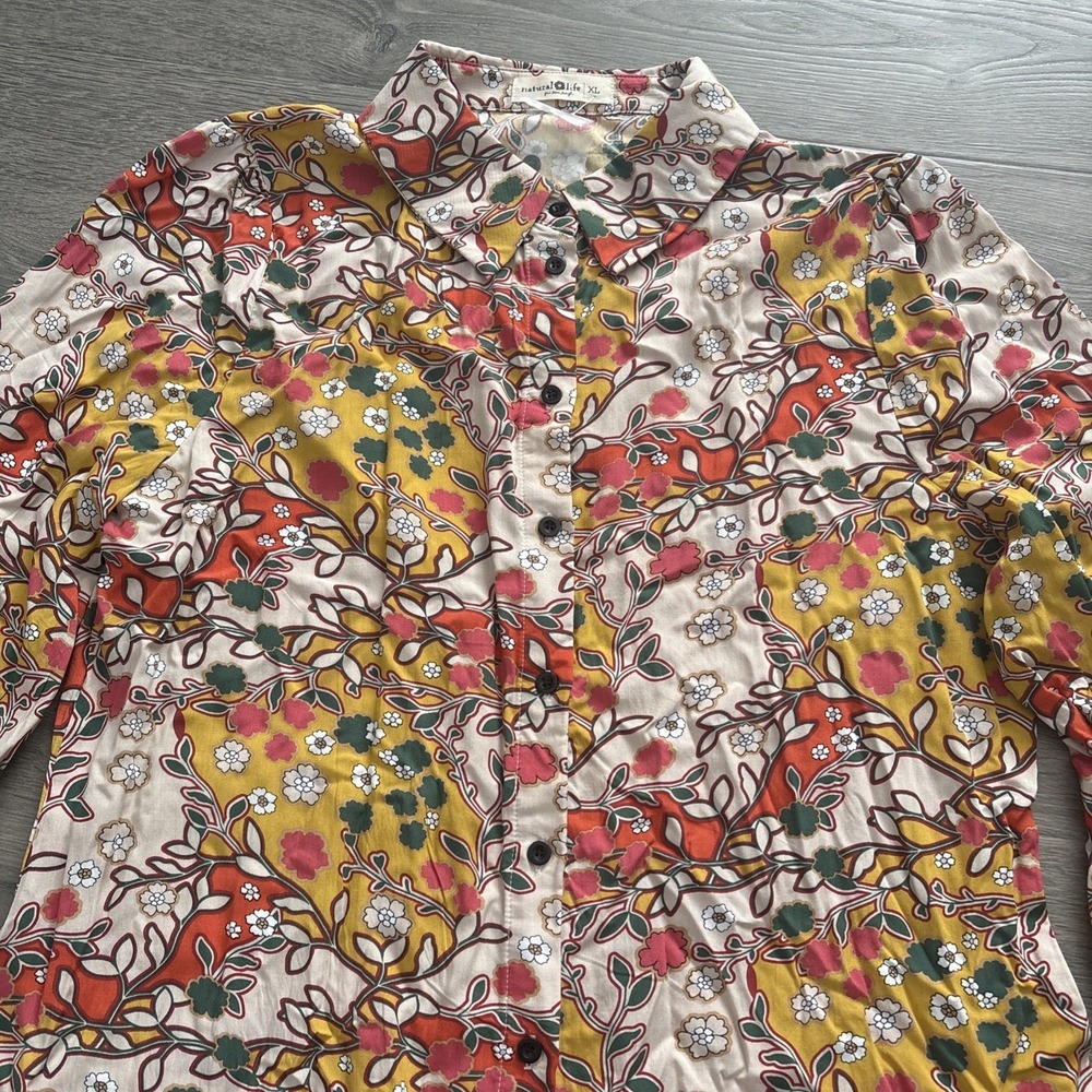Natural Life size XL Boho Floral Button Front Shirt Dress Rayon Long Sleeve - Picture 4 of 14
